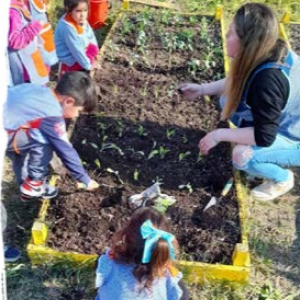an adult crouched by a garden bed, children surrounding it