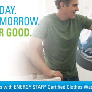 An adult and small child loading a washing machine. "Save today. Save tomorrow. Save for good." Energy star logo on the left.