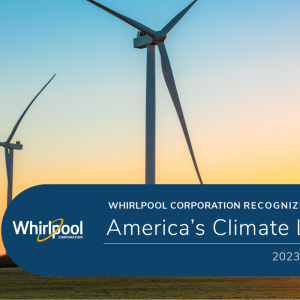 Wind turbines with Whirlpool logo and text: Whirlpool Corporation Recognized as one of America's Climate Leaders 2023 by USA Today