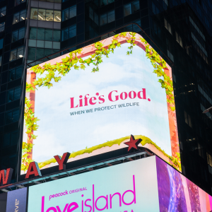 Lit billboard: "Life's Good when we protect wildlife"