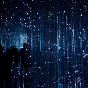 shadows of people in a space lit by hundreds of tiny lights and mirrors