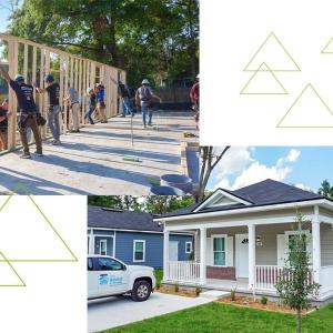 Collage of volunteers and a new home