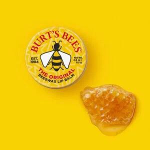 Burts Bees lip balm in a circular tin.