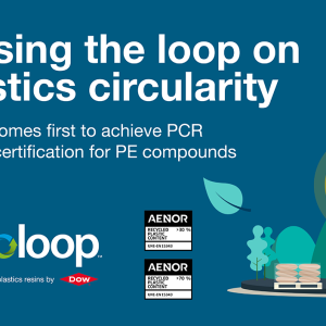 Text on illustration: Closing the loop on Plastics circularity, Dow becomes first to achieve PCR content certification for PE compounds