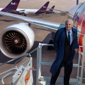 Person standing outside FedEx plane