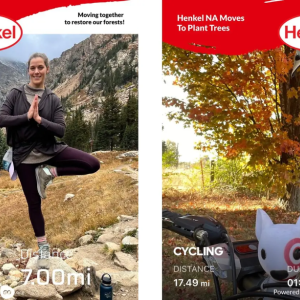 People outside with showing exercise data and number of trees planted. 