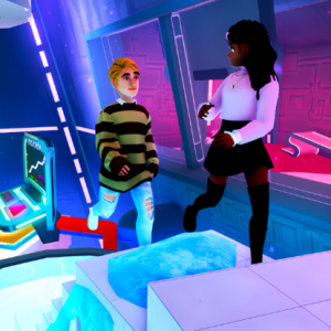 Two animated people running in a room