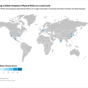Info graphic map "Mapping a Global Company’s Physical Risks on a Local Level Climate TRACE and Aqueduct Data Reveal Which of a Large Automaker’s Factories and Other Facilities Are Most Exposed"