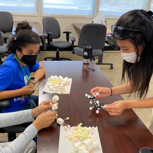 a staff member working with two children on a marshmallow molecule model