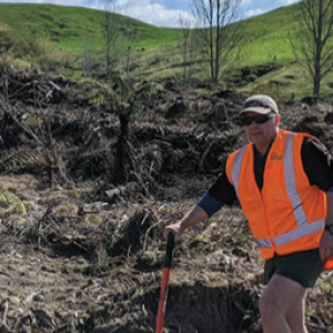 a person in reflective vest standing in a forest restoration patch