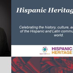 Mauro Gregorio and Dow logo to the left of a banner "Hispanic Heritage month celebrating the history, culture, and contributions of the Hispanic and Latin community all over the world."