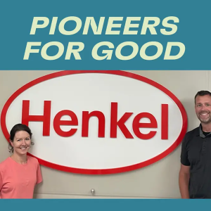 Pioneers for good: two people standing beside the Henkel logo