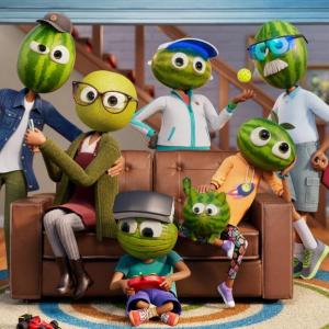A digital family in a living room, all have melons for heads.