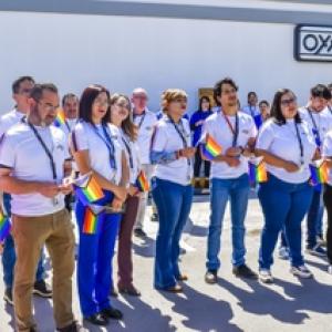 A group standing outside a building, each holding a small LGBTQ flag.