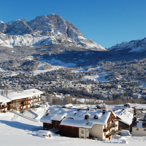 Snowy village in a valley