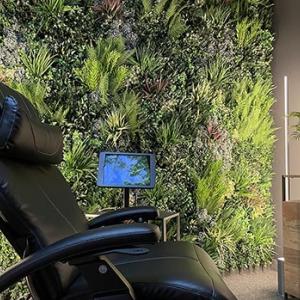 a relaxing black cushioned chair, a wall of plants behind it