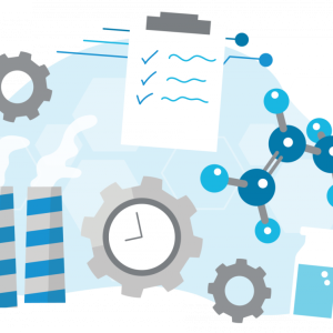 abstract icons of gears, checklist, molecules, smoke stacks