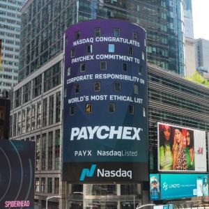 Nasdaq sign in Times Square with "Nasdaq congratulates Paychex commitment to corporate responsibility on world's most ethical list"