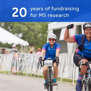 "20 years of fundraising for MS research" and three people on bicycles in a race.