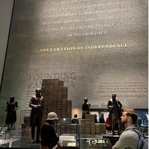 The museum contrasts the tenets of America’s founding with the realities of slavery. A bronze statue of Thomas Jefferson stands in front of bricks with the names of people he enslaved.