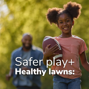 A child holding a football, with words "Safer play + Healthy lawns:"