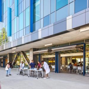 students and teachers on a busy campus quad