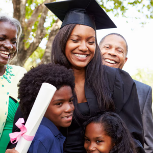 Graduate shown with her family.