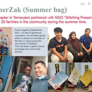 Collage of photos under a banner "ZomerZak (Summer bag)" photos of families, bags of food and supplies, handmade cards.