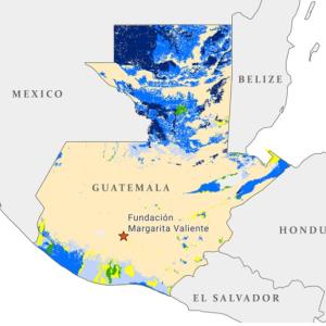 Darker blue shading shows areas at higher risk of inundation during flood events. (Map by Michael Robinson for Direct Relief, data from the Guatemala National Institute for Seismology, Volcanology, Meteorology, and Hydrology)
