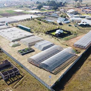 aerial view of Oliver's Village with greenhouses, food plots, buildings