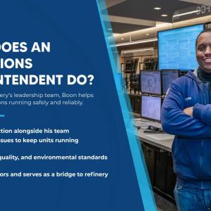 "WHAT DOES AN OPERATIONS SUPERINTENDENT DO? As part of the refinery's leadership team, Boon helps keep daily operations running safely and reliably: Monitors production alongside his team. Troubleshoots issues to keep units running efficiently. Ensures safety, quality, and environmental standards are met. Supports operators and serves as a bridge to refinery leadership."