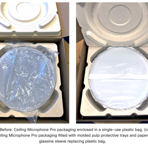 (on left) Before: Ceiling Microphone Pro packaging enclosed in a single-use plastic bag. (on right) After: Ceiling Microphone Pro packaging fitted with molded pulp protective trays and paper-based glassine sleeve replacing plastic bag.