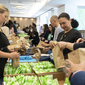 two lines of people assemble bags of period products