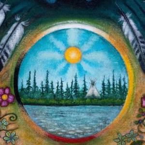 Colorful painting of forrest in a frame surrounded by feathers and flowers