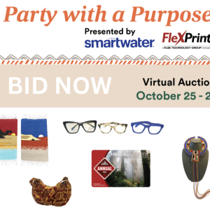 "Party with a Purpose" with logos and images for Virtual Auction on October 25-29