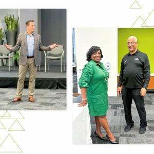 On the left a standing person speaking at the front of a room. On the right two people posed, standing in an office setting.