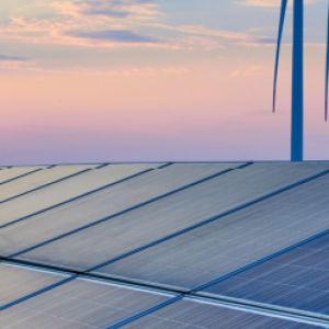 A long row of solar panels and a setting sun in the corner.