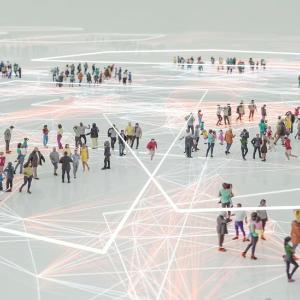 Digital rendering of an open area with small groups of people and white digital lines connecting them