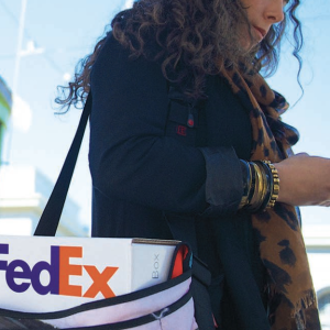 person with a FedEx box in a bag