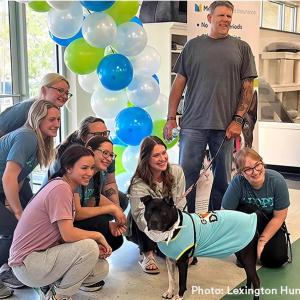 People stood with a dog in front of a balloon arch