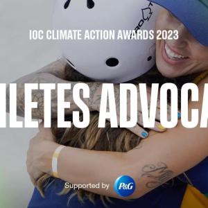 "Athletes Advocacy" and P&G logo. Two people hugging.
