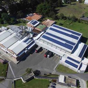 Aerial view of multiple large buildings