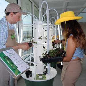 Two people putting plants into a tower growing device.