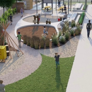 This rendering shows the future outdoor classroom at the Guadalupe School where MPC’s grant will provide a water instruction section to teach students about the concepts of flow, force and cause-and-effect.