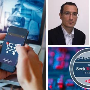 Collage of three photos: A person holding a cell phone with a laptop open, the two guests of the podcast, and "The seek together podcast" logo.