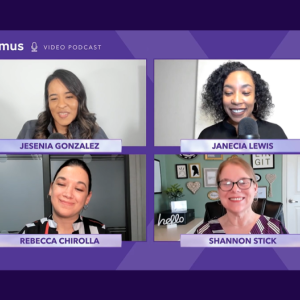 Four people appearing in a virtual meeting. Their names beneath them and Maximus logo in the corner.