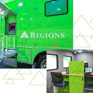 Exterior and interior of a Regions mobile branch