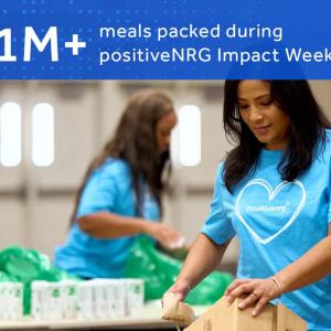 "1M+ meals packed during positiveNRG Impact Week" and volunteers packing items.