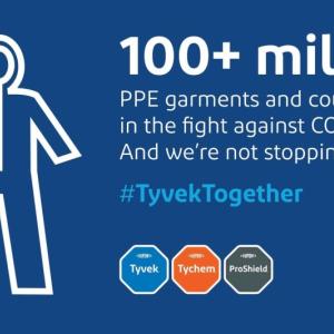Outline of a person with data to the right "100+ million PPE garments and counting in the fight against COVID-19. And we're not stopping yet. #TyvekTogether