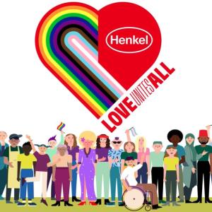 Illustrated group of people spread out across the screen gathered under a Henkel logo within a heart, bearing the words 'Love Unites All'